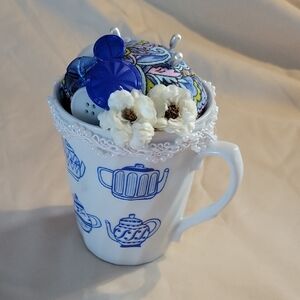 Floral Blue and White Ceramic Mug Pin Cushion. Hand Made